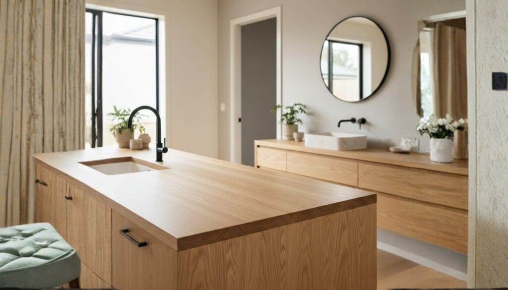 Close-up of a custom American Oak timber benchtop showing natural grain and light golden tones, crafted by STADC Surfaces