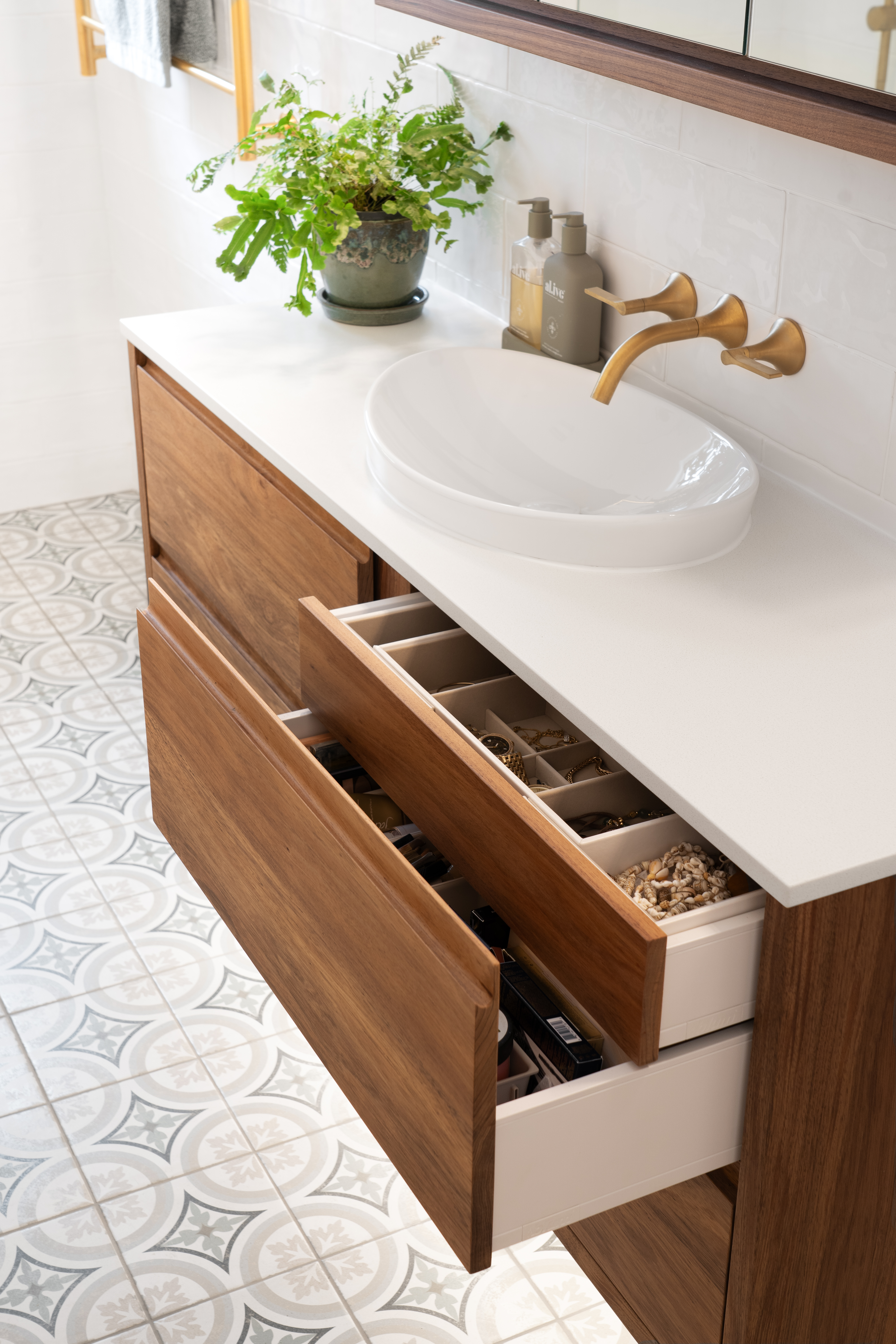 "Floor standing timber double vanity featuring spacious storage drawers